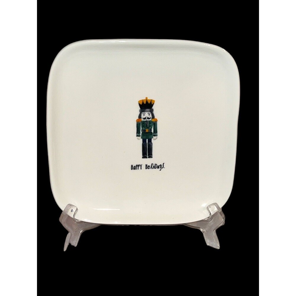 Rae Dunn HAPPY HOLIDAYS Green Nutcracker Christmas Square Plate 8" Heavy
